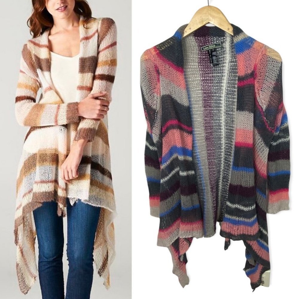 Love Stitch Mohair Pink Grey Blue Striped‎ Open Knit Cardigan Sweater Size Small